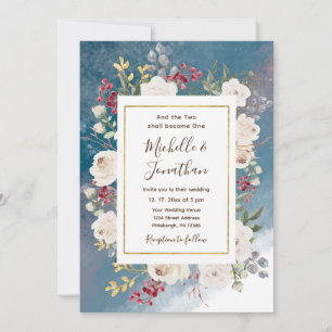 Weiße Rosen rote Beeren auf Blau christliche Hochz Einladung