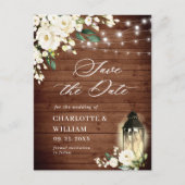 Weiße Rosen Rustikale Holzhochzeit retten das Datu Postkarte (Vorderseite)