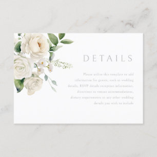 Weiße Rosen & Sage Leaf Hochzeitsdetails Begleitkarte