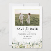 Weiße Rosen Save the Date mit Foto-Flachkarte (Vorderseite)