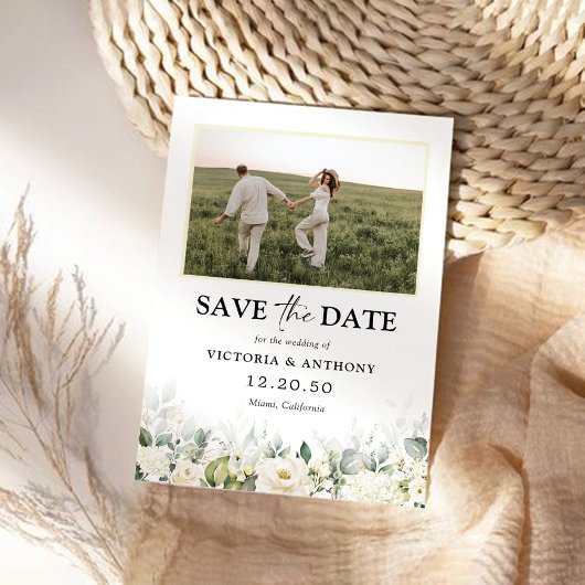 Weiße Rosen Save the Date mit Foto-Flachkarte