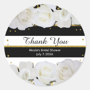 Weiße Rosen, schwarze Streifen und goldene Hochzei Runder Aufkleber