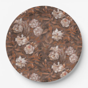 Weiße Rosen, Sepia, Vintage Retro Blumenmuster Pappteller