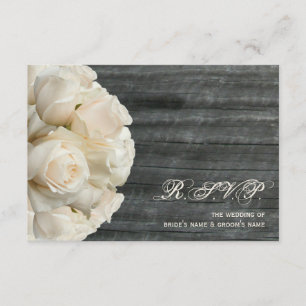 Weiße Rosen u. Barnwood Hochzeit RSVP Karte