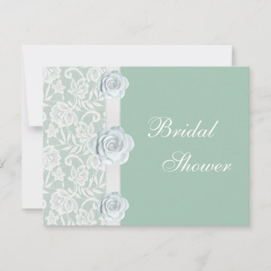 Weiße Rosen u. Spitze-tadelloses grünes Brautparty Einladung (Vorderseite)