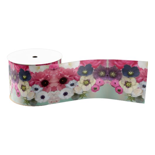 WEIßE ROSEN UND ANEMONENBLUMEN MONOGRAMM RIPSBAND (Spule)