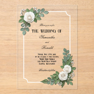 Weiße Rosen und Baby's Breath Acryl-Hochzeit Acryleinladungen