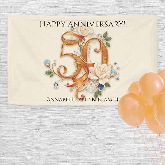 Weiße Rosen und Edelsteine Golden 50 Jahre Banner