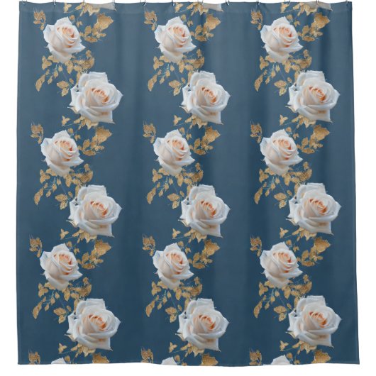 Weiße Rosen und goldene Blätter auf blauem Hinterg Duschvorhang (Vorderseite)