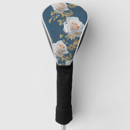 Weiße Rosen und goldene Blätter auf blauem Hinterg Golf Headcover