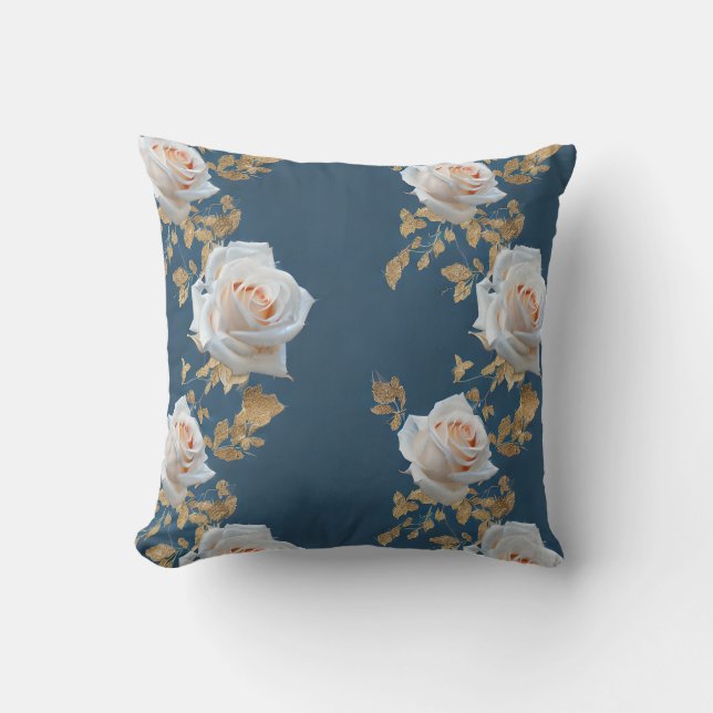 Weiße Rosen und goldene Blätter auf blauem Hinterg Kissen (Vorderseite)