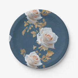 Weiße Rosen und goldene Blätter auf blauem Hinterg Pappteller
