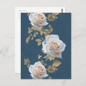 Weiße Rosen und goldene Blätter auf blauem Hinterg Postkarte (Vorne/Hinten)