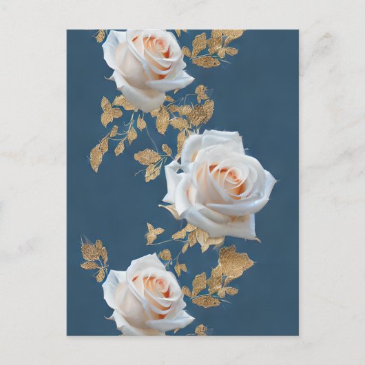 Weiße Rosen und goldene Blätter auf blauem Hinterg Postkarte (Vorderseite)