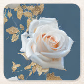 Weiße Rosen und goldene Blätter auf blauem Hinterg Rechteckiger Pappuntersetzer (Vorderseite)