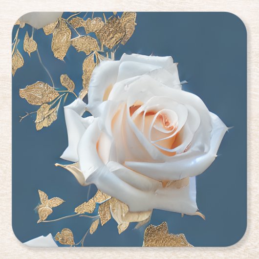 Weiße Rosen und goldene Blätter auf blauem Hinterg Rechteckiger Pappuntersetzer (Vorderseite)