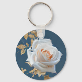 Weiße Rosen und goldene Blätter auf blauem Hinterg Schlüsselanhänger