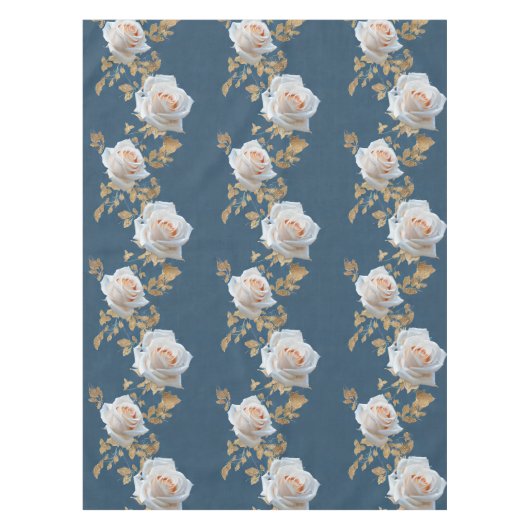 Weiße Rosen und goldene Blätter auf blauem Hinterg Tischdecke (Vorderseite)