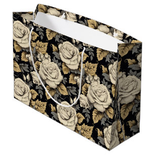 Weiße Rosen und goldene Blätter Blumenmuster Große Geschenktüte