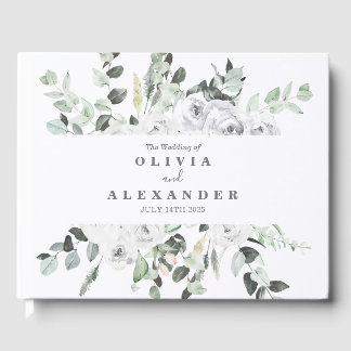 Weiße Rosen und Grüne elegante Hochzeit mit Blumen Gästebuch