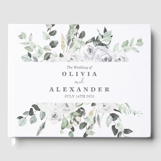 Weiße Rosen und Grüne elegante Hochzeit mit Blumen Gästebuch (Vorderseite)