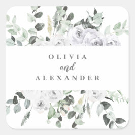 Weiße Rosen und grüne Hochzeit Quadratischer Aufkleber