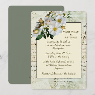 Weiße Rosen und grüner Vintage-Rahmen Einladung