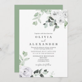 Weiße Rosen und Grünpflanzen Hochzeit Einladung
