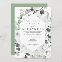 Weiße Rosen und Grünpflanzen Hochzeit Einladung