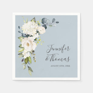 Weiße Rosen und Hydrangeas bei Hochzeiten mit Blum Serviette