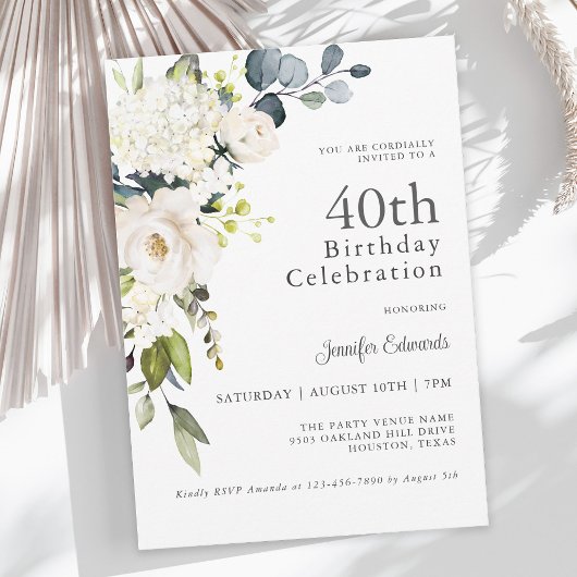 Weiße Rosen und Hydrangeas Elegant 40. Geburtstag Einladung