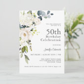 Weiße Rosen und Hydrangeas Elegant 50. Geburtstag Einladung (Stehend Vorderseite)