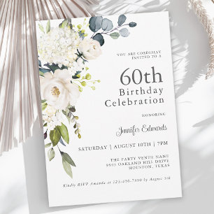 Weiße Rosen und Hydrangeas Elegant 60. Geburtstag Einladung