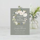 Weiße Rosen und Hydrangeas Save the Date (Stehend Vorderseite)