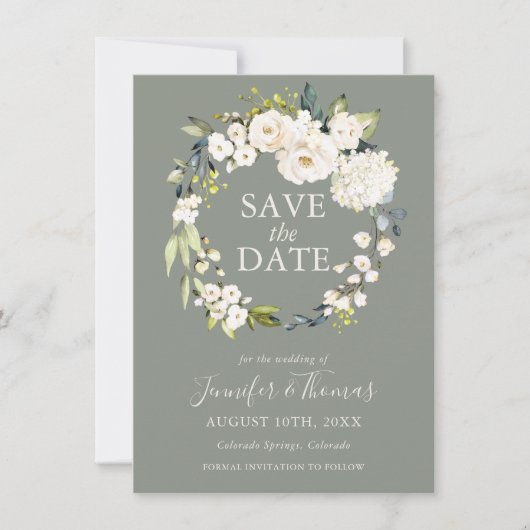 Weiße Rosen und Hydrangeas Save the Date (Vorderseite)