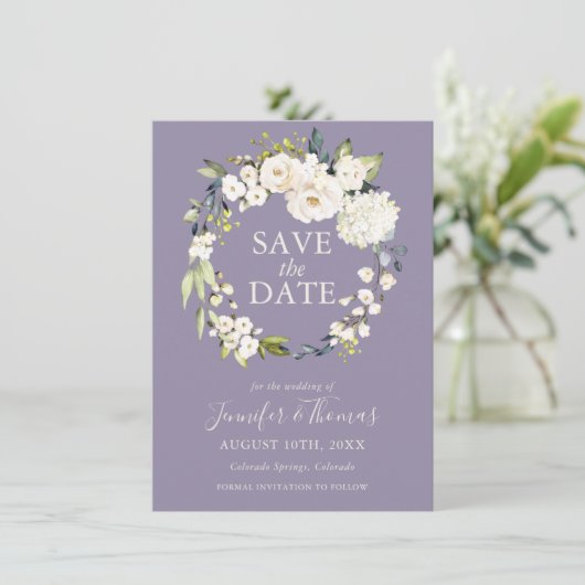 Weiße Rosen und Hydrangeas Save the Date (Stehend Vorderseite)