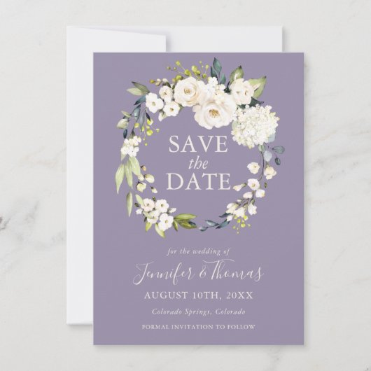 Weiße Rosen und Hydrangeas Save the Date (Vorderseite)