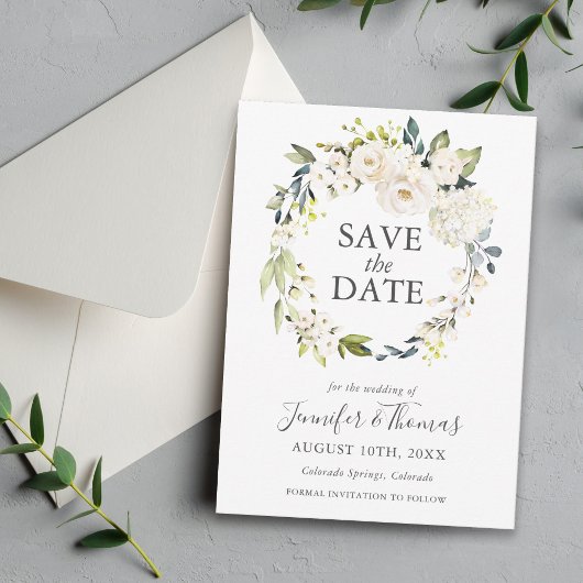 Weiße Rosen und Hydrangeas Save the Date