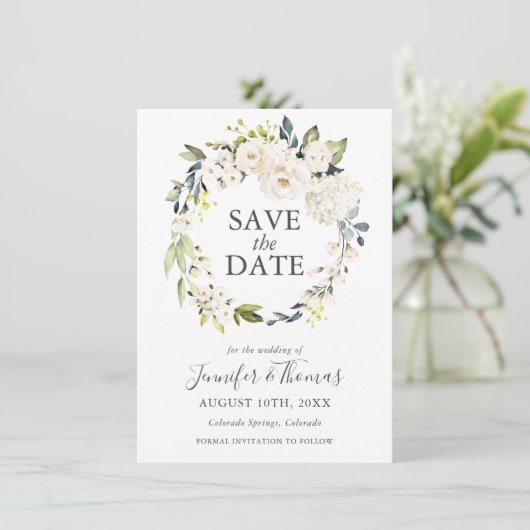 Weiße Rosen und Hydrangeas Save the Date (Stehend Vorderseite)