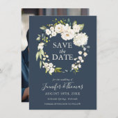 Weiße Rosen und Hydrangeas Save the Date (Vorne/Hinten)