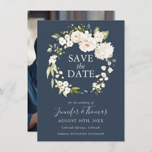 Weiße Rosen und Hydrangeas Save the Date (Vorne/Hinten)