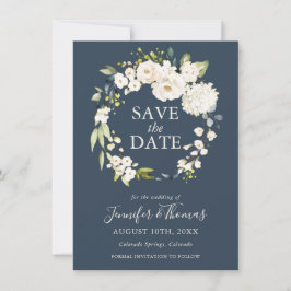 Weiße Rosen und Hydrangeas Save the Date