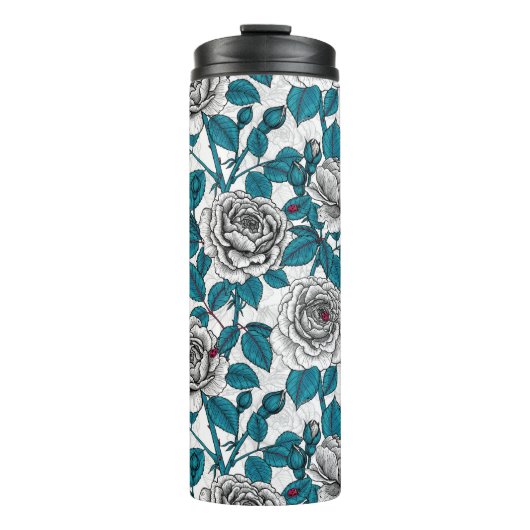 Weiße Rosen und Ladybugen Thermosbecher (Vorderseite)