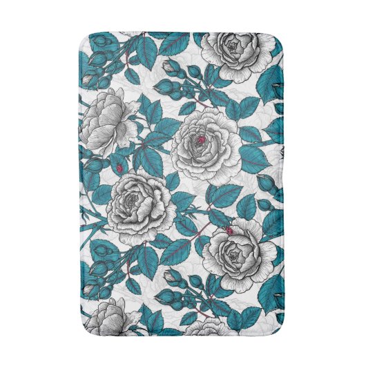 Weiße Rosen und Ladybusen Badematte (Vorderseite Vertikal)