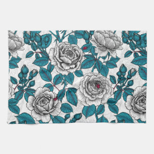 Weiße Rosen und Ladybusen Geschirrtuch