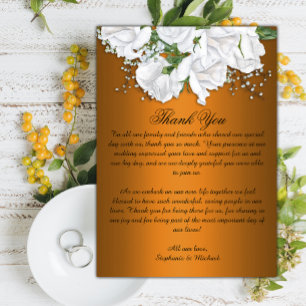 Weiße Rosen und metallische Orangenhochzeit Dankeskarte