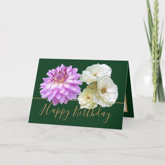 Weiße Rosen und Pink Dahlia Floral Bouquet Geburts Karte (Vorderseite)