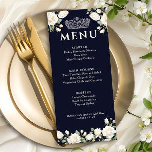 Weiße Rosen und Prinzessin Tiara Dark Blue Menükarte