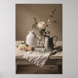 Weiße Rosen und Vintage-Krug Stillleben Poster