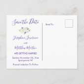 Weiße Rosen und Violetten Save the Date Ankündigungspostkarte (Rückseite)